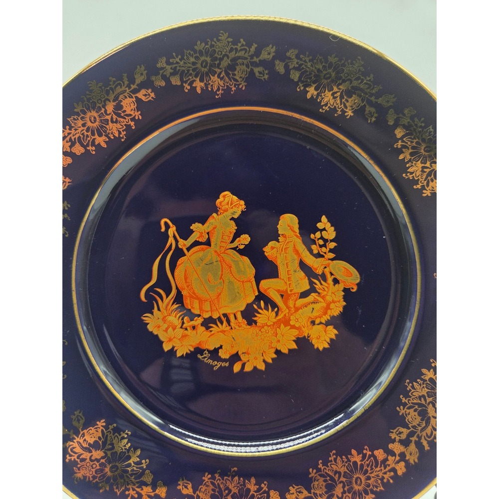 Limoges France Decorative Plate 7.25" Cobalt Blue Gold Courting Couple Fragonard